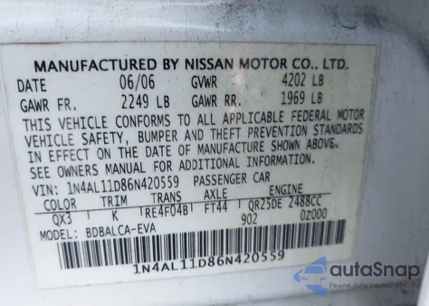 2006 Nissan Altima S/Sl from USA, damaged, VIN 1N4AL11D86N420559